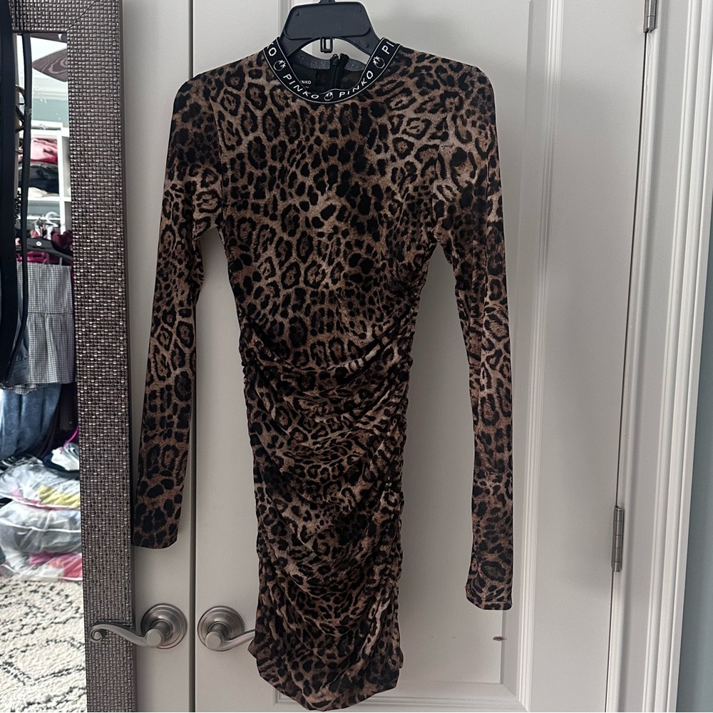 Pinko Brown Leopard Long Sleeve Dress